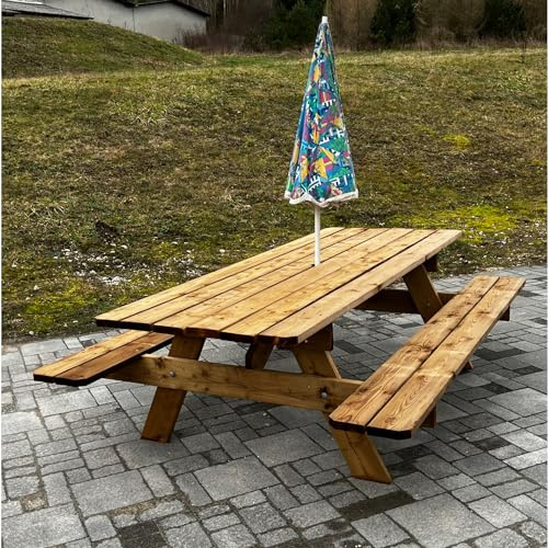 Table de Jardin en Bois Massif de 180 cm + Trou Parasol, traitée Classe 3, Origine France