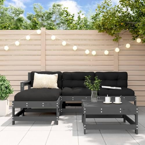 Rantry 5-TLG. Garten-Lounge-Set mit Kissen Grau Gartensofa Gartenmöbel Set Loungesofa Möbel Holzsofa Loungegruppe Balkonmöbel Sitzgruppe Sofagarnitur für Garten Massivholz
