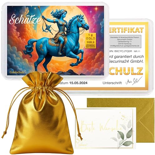Goldschulz Goldbarren 1g 1 Gramm Motivbox - Sternzeichen Schütze - Geschenk + Echtheitszertifikat