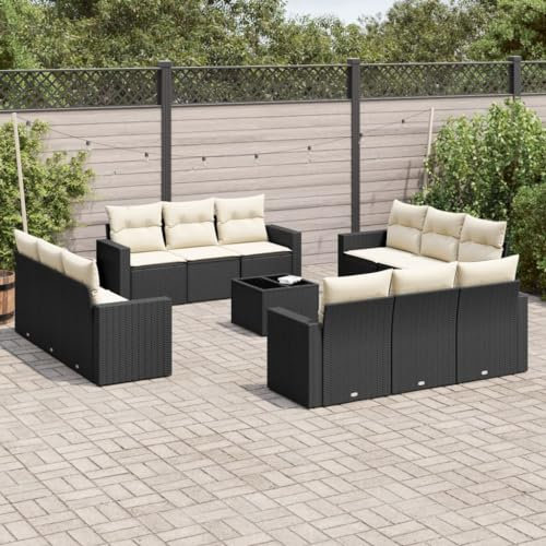 ULUYYUC 13-TLG. Garten-Sofagarnitur, Bodensofa Fußhocker Küchensofa Eckbank Küche Geeignet für Außenbereich Hinterhof Garten Balkon mit Kissen Schwarz Poly Rattan