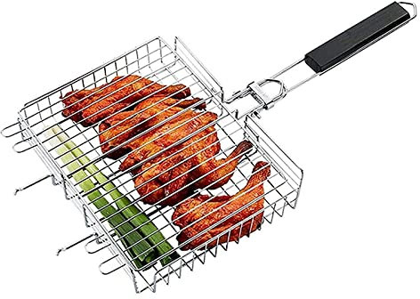 Edelstahl BBQ Grill Barbecue Tragbarer Grillkorb Groß, Zum Grillen von Gemüse, Fischen Garnelen - Ultimatives Outdoor-Kocherlebnis