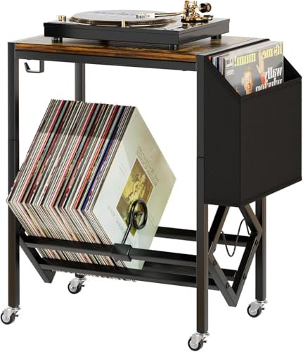 EKNITEY Vinyl Schallplatten Aufbewahrung Ständer - 80-Platten Retro Stahl-Holz Ständer mit organisierendem Stoffbeutel für Plattenspieler und mehr (Schwarz)