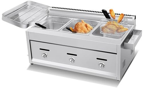 Freidora de gas profesional Freidora Aceite de Acero Inoxidable con Cestas para encimera de Restaurante Comercial Máquina para cocinar Alimentos, potencia de fuego ajustable,8Lx3