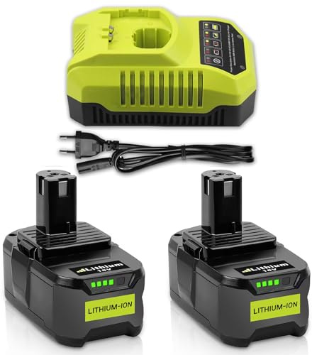 2Stück 5.5Ah Ersatzakku für Ryobi 18V Akku P108 mit 3A für Ryobi Lithium-Ionen & NI-Mh Ladegerät 9.6V-18V BCL14181H Kompatibel mit RB18L50 RB18L40 RB18L25 RB18L15 RB18L13