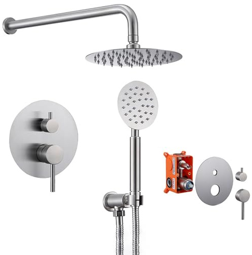 SWHC Gebürstet Regendusche Duschsystem, Unterputz Duscharmatur Wandmontage Duschamaturenset Verborgen Duschset Edelstahl Dusche mit Duschkopf und Handbrause, 2 Funktionen