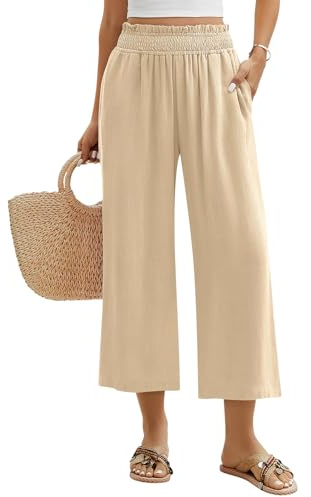 Niwicee Pantalon Fluide Femme D'Été Lin Pantalon Élastique à Taille Haute 7/8 Pantalon Coton Solide Couleur Pants Ample Casual Décontracté avec Poches (Kaki, L)