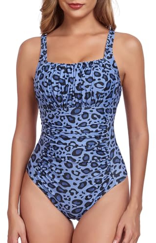 FLYILY Women’s Ruched One Piece Swimsuits Tummy Control Bathing Suit Slimming Monokini 1 Piece Swimwear(NavyLeopard,XL)