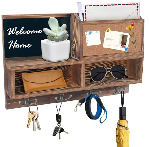 comfoyar Schlüsselbrett Holz mit Ablage und 4 Doppelten Schlüsselhaken | Schlüsselhalter Wand mit Korkplatte und Pinnwand, Briefhalter und Schlüsselablage für Flur Deko Wohnzimmer Zuhause, Braun