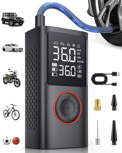 Powools Compressore Aria Portatile Auto – Mini Pompa Elettrica per Bicicletta, Gonfiatore Wireless con Manometro Digitale, Spegnimento Automatico e Luce LED, Nero, 9.00x4.80x13.70cm