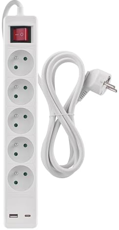 EMOS - Multiprise 5 Prises avec Charge USB et 3m de câble 1,5 mm2 - Multiprise avec Interrupteur 5X Prise, 1x USB C, 1x USB A - Convient au Montage Mural - IP20 pour l'intérieur - Blanc