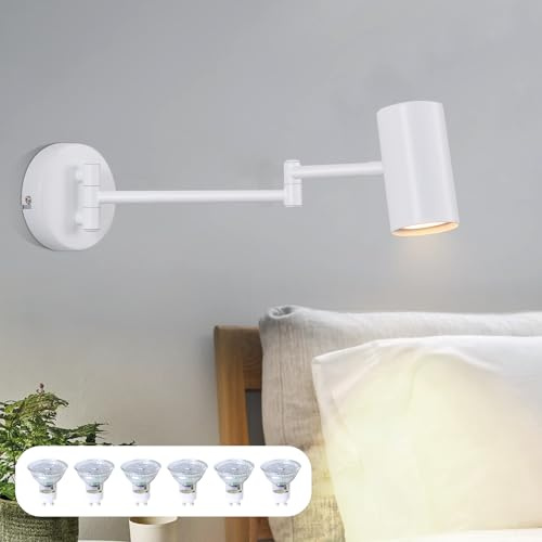 Homefire Wandleuchte Innen Wandlampe Mit 6 GU10-Leuchtmitteln Weiß | Schlafzimmerlampe Wandstrahler Wandleuchten Modern Langer Arm Schwenkbar Metall Wandbeleuchtung für Wohnzimmer Flur
