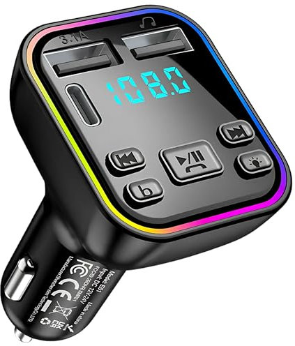 Bluetooth 5.3 FM Transmitter Car Adapter (PD 20W & QC3.1) [Light Switch] [HiFi Bass Sound] [Fast Charging] Wireless Radio Music Adapter LED Display Hands-Free Calling Support USB Drive