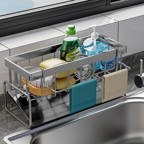 PIQIUQIU Organizador para fregaderos de cocina con escurridor, 23x11x9cm, gris, organizador para fregadero con gancho para toallas, apto para lavavajillas, organizador multiuso para cocina y baño