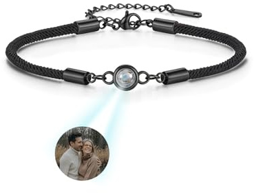 PiercingJak Cadeau Fête des Pères - Bracelet Projecteur Photo Personnalisé Bijoux avec Image Intérieur Corde Noire 3mm Bracelet pour Femme Homme Couple Pères Mères (Noir)