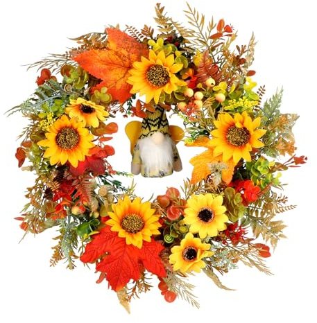45cm Groß TüRkranz Herbst, Herbstkranz mit LED, Herbst Türkranz mit Leuchtende Bienenpuppe, Sonnenblumen und Ahornblätter Herbstdeko für Innen Haustür Mantel Outdoor Türen Wand Bauernhof Garten