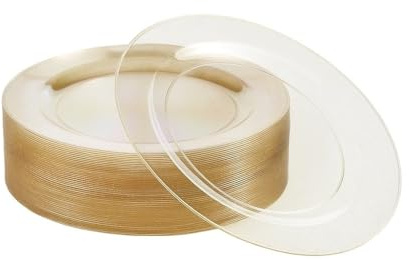 MATANA 50 Transparente Dessertteller aus Hartplastik, Kleine Partyteller mit Goldrand, 19cm - Elegant, Stabil & Mehrweg - Hochzeiten, Geburtstage, Weihnachten, Grillpartys, Partys