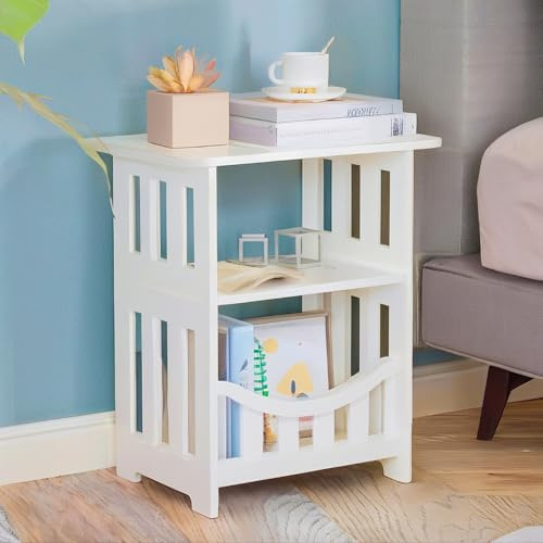 powerking Table d'appoint blanche à 3 niveaux, petite table de chevet avec étagère de rangement, étagère de rangement fine pour salon, chambre à coucher, salle de bain, bureau, balcon, couloir