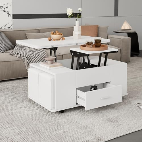 Merax Couchtisch, höhenverstellbarer Wohnzimmertisch, Multifunktions-Kaffeetisch mit Schubladen & Rollen & Hocker, Umwandelbar in Esstisch, Sofatisch mit Erweiterbarer Desktop, für Homeoffice, Weiß