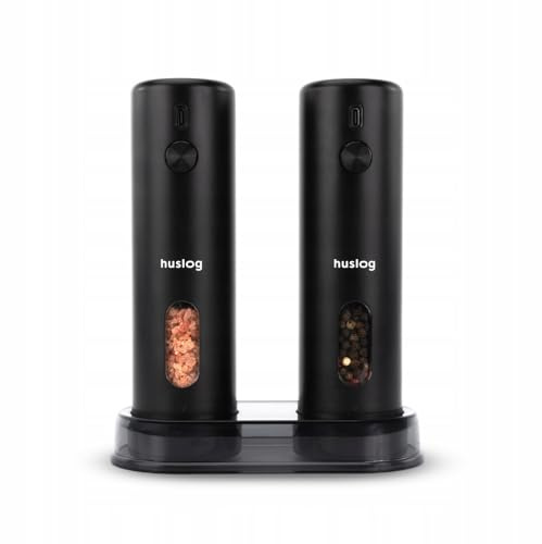 Huslog Elektrisk salt- och pepparkvarn, set med 2, USB-C-uppladdningsbar med LED, stativ och rengöringsborste – Kryddkvarn för salt, peppar, chili, örter (110 ml)