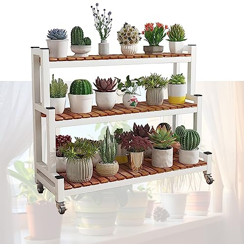 Supporto per piante in metallo a 3 ripiani con ruote, per interni ed esterni, salvaspazio, panca per fiori a 2 livelli, decorazione per giardino e balcone