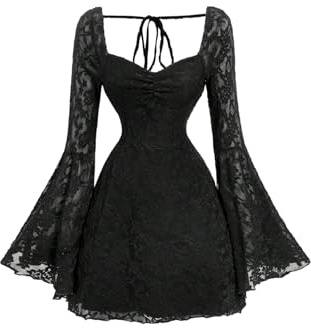 SweatyRocks Gothic Kleid Damen Sexy Langarm Spitzenkleid Herbstkleid A Linien Kleid Mit Spitze Minikleid Festival Outfit Winterkleid Schwarz L