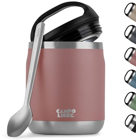 Campo Libre.® Food Flask 600ml – Insulated Lunch Box with Spoon, BPA-Free Hot & Cold Food Container for Soup, Porridge, Baby Food, Camping or School – Leakproof & Ideal for On-the-GO, Pink