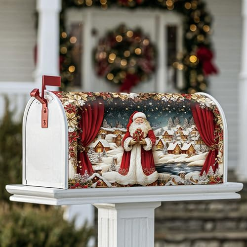 Coperture magnetiche per cassette postali di Babbo Natale, tende rosse natalizie con villaggio innevato per decorazioni esterne 53 x 64 cm