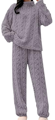 Generisch Pigiama da donna lungo termico, set invernale morbido, comodo e caldo, biancheria da notte soffice, top e pantaloni da pigiama, pantaloni da casa, con tasche, a maniche lunghe, spessi