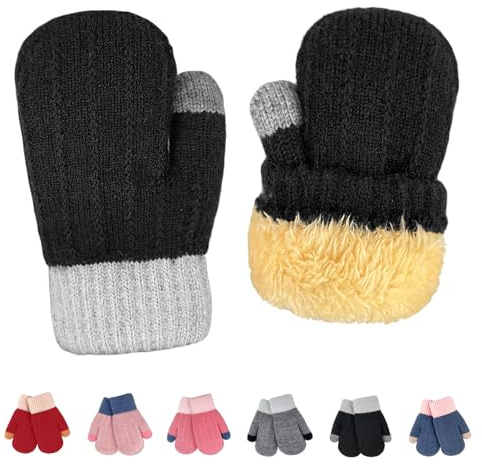 lifwimner Kids Winter Mittens Fleece Warm Knitted Gloves Cold Weather Thermal Mittens for Boys Girls Age 2-6 (Grey) (Black)
