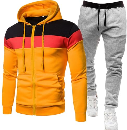 Träningsoveraller för män jogging sport gymdräkt 2026 set herr vår vinter enfärgad kostym långärmad topp byxor kostym varm tröja sportbyxor set för promenader löpning vandring, gUL, 3XL