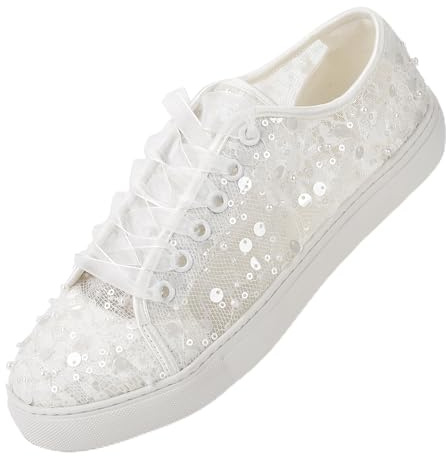 Mrs White 883-8 Women's Wedding Sneakers Lace Sequin Bridal Flats Breathable Comfortable Casual Shoes Colour Ivory,Size 10.5 B(M) US/42 EU