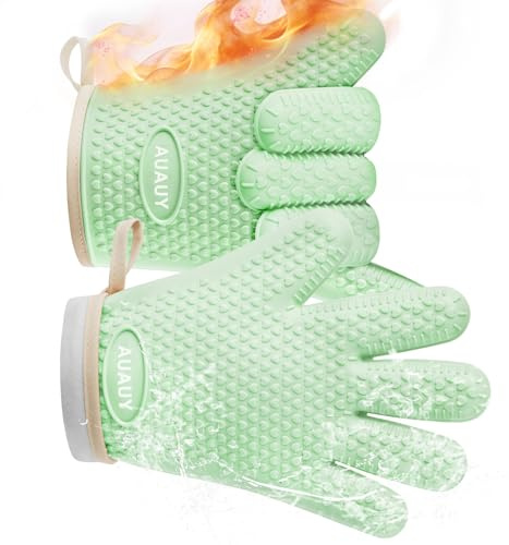 AUAUY 1 Paar Silikon Ofenhandschuhe, Hitzebeständige, Grün | Ofenhandschuhe, Anti-Rutsch Kochhandschuhe, Backofen Handschuhe, für Küche, Kochen, Backen, Grillen BBQ