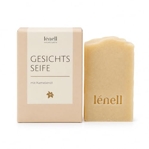 lénell Naturkosmetik - Gesichtsseife mit Kamelienöl - Äußerst sanfte Reinigung - Spendet Feuchtigkeit - Vegan - Cremiger Schaum - Fruchtig-Tropischer Duft - 95g Plastikfrei