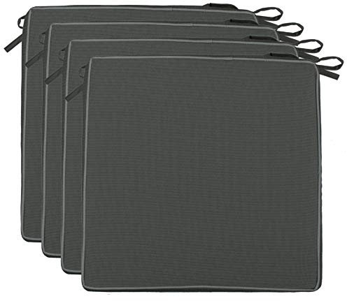 Brandsseller Set de 4 Cojines de asiento 40x40x4 cm – Cojine para silla repelente al Agua y las Manchas con Cintas de Sujeción y Ribete – interior y exterior – Cocina,Terraza, Jardín – Antracita