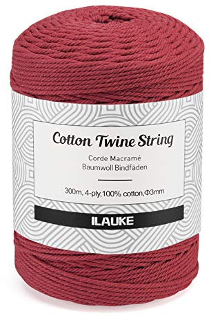 Makramee Garn 3mm x 300m Baumwollgarn Kordel Natur Baumwollkordel für Makramee DIY Handwerk Weihnachtsdekorationen Basteln Wand Aufhängung Pflanze Aufhänger Weben Dekoration (Rot)