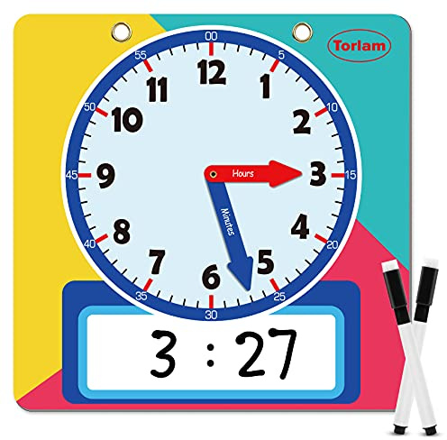 Magnetic Writable Dry Erase Learning Clock | Clock for Kids Learning to Tell Time | Large 12 Demonstration Teaching Time Practice Clock with Dry Erase Writing Surface | Pen Included | (Rainbow)