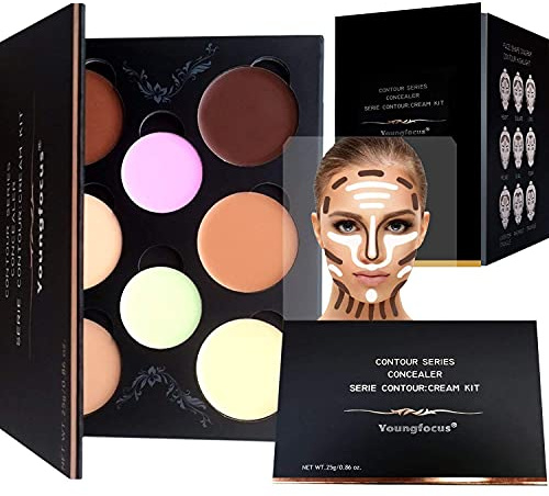 Youngfocus Cosmetics Cream Contour and Highlighting Makeup Kit - Best 8 Colors Contouring Foundation/Concealer Palette - Vegan & Cruelty Free - Step-by-Step Instructions Included