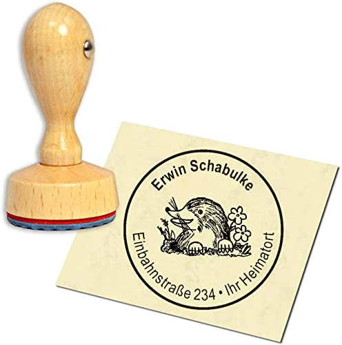 Stempel Adressstempel Holzstempel - niedlicher Maulwurf - rund ∅ 40mm personalisiert als Firmenstempel Namensstempel Bürostempel