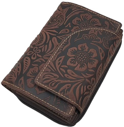 myledershop Büffel-Vollleder Damen Hochformat Geldbörse/Geldbeutel/Portemonnaie mit Außenriegel mit Lianen Prägung und RFID & NFC Schutz (Mit Lianen Prägung/Braun)
