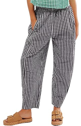 Ogfao Women's Plaid Pant Gingham Lounge Pants Wide Leg Mid Rise Elastic Waist Checkered Long Trousers with Pockets