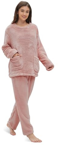 Friendumo Set Pigiama Caldo in Pile di Corallo per Donna - Abbigliamento da Casa e per Dormire Invernale Morbido Pigiama da Donna a Due Pezzi Maniche Lunghe Top e Pantaloni Caldi con Tasche Taglia S