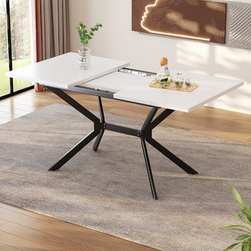 DRIXNO Weißer Erweiterbarer Esstisch 120/160 * 80cm, Tischbeine aus Schwarzem Metall, Weiss Rechteckiger, Geeignet für Vier bis Sechs Personen
