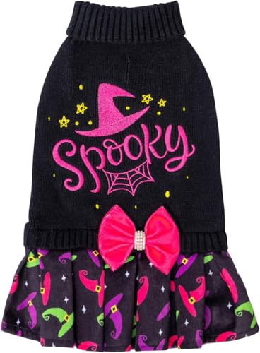 CuteBone Halloween Dog Jumper Dress for Medium Dogs Girls, Happy Halloween Embroidery Dog Jumper with Bowtie, Pet Clothing for Chihuahua Yorkie Tea Cup DS80S-DE