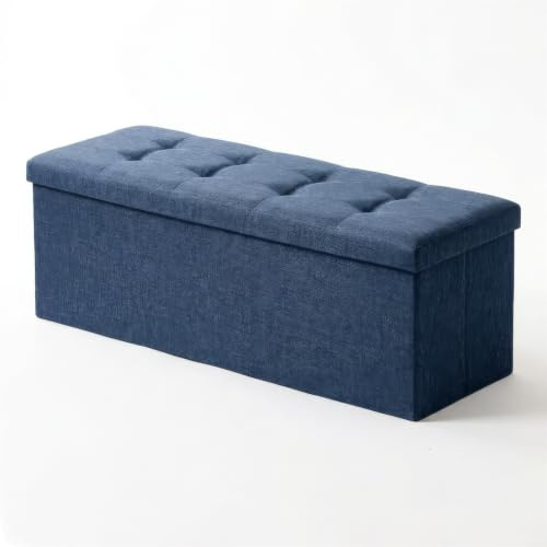 Harbour Housewares Pouf de Rangement Pliable - 111 x 37 x 39cm - Lin Bleu Marine - 1x Grand Bois Fin du Lit Chambre à Coucher Salon Coffre à Jouets Boîte à Chaussures Couverture Banc avec Couvercle