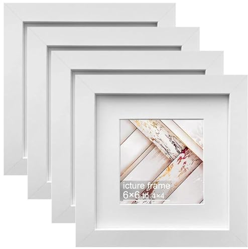 Dwitkul Set di 4 Cornici Foto 15x15cm Cornice Portafoto Quadrata in Legno MDF con Vetro Acrilico Passepartout per Montaggio a Parete o Tavolo (Bianco)