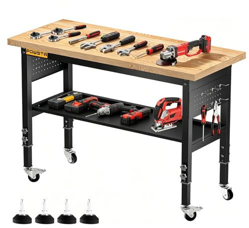POWSTR 120cm Adjustable Workbench, 5-Position Height Heavy Duty Work Bench with Solid Rubberwood Top, Pegboard & 6 Hooks, 900KG Load Capacity, Rolling 2-Tier Work Table for Garage, Workshop, Office