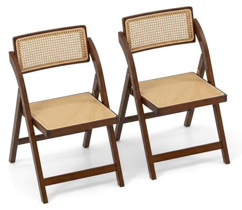 COSTWAY Chaise Pliante Bois Lot de 2, Siège en Rotin PP (Noyer,2) | Dossier Rotative, Chaise Pliante Interieur en Bambou, Design Cannage, Style Bohème, Naturel