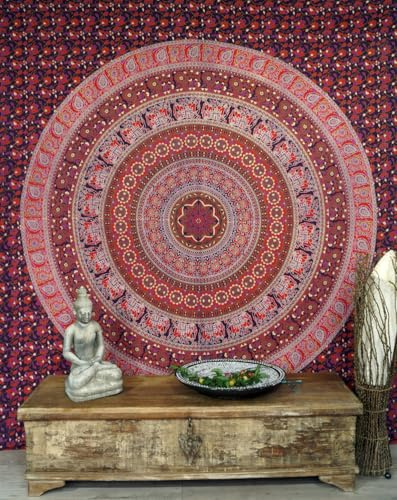 GURU SHOP Boho Wandbehang, indische Mandala Tagesdecke, Baumwolle, rot | Vielseitig einsetzbar, Überwurf oder Wandbehang, einzigartiger Mandaladruck, pflegeleicht und langlebig
