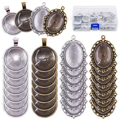 Glarks 64-teiliges Anhänger-Set, 16 ovale Anhänger-Tabletts und 16 runde Lünetten mit 32 runden transparenten Glas-Cabochon-Fliesen zum Basteln von Schmuckherstellung, Glas, Metall
