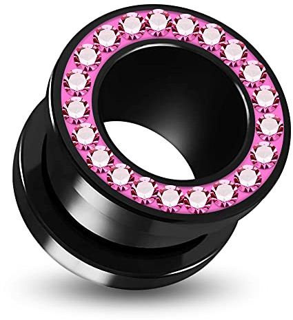 4MM Schwarzer UV Acryl Double Flared Tunnel mit Pinken Kristall Steinen Glitzer Ohr Piercing Schwarz Pink Fleischtunnel Verschiedene Größen Plug Tunnel Ohrring Männer Frauen